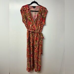 MSK Paisley Wrap Dress Womens Large Boho Midi Tie Waist Multicolor Flowy